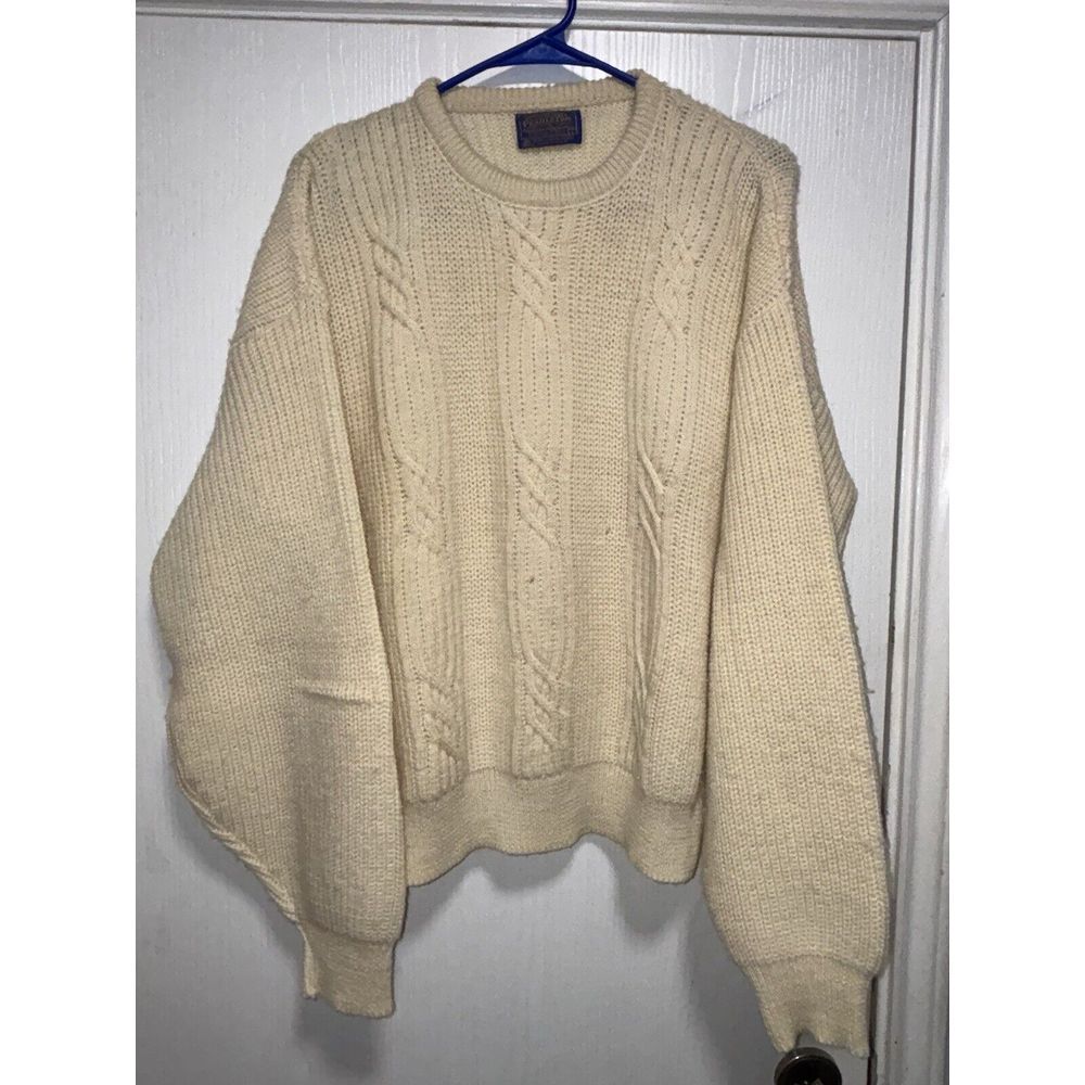 Vintage Pendleton Wool Cable Knit Crew Neck Sweater Size L Made USA‎  Cream
